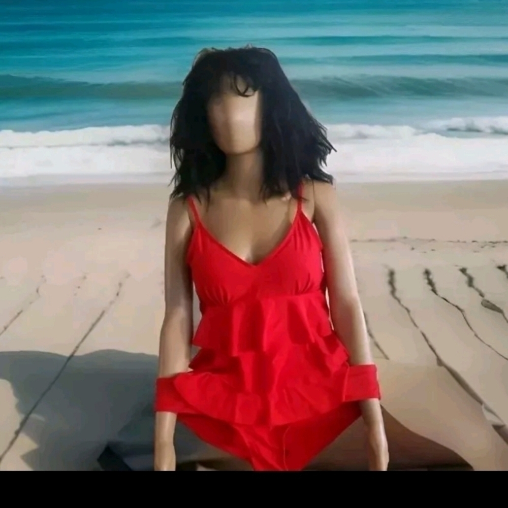 Nicole Miller Red Tiered Ruffled Tankini Swimsuit Large